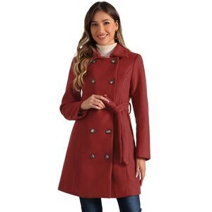 Winter Pea Coat Lapel Belted Double Breasted Mid Long Overcoat Dark Red